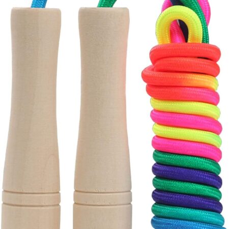 Jump Rope Kids, 8.5ft Adjustable Cotton Skipping Rope with Wooden Handle for Boys and Girls Fitness Outdoor Exerci (Rainbow color)